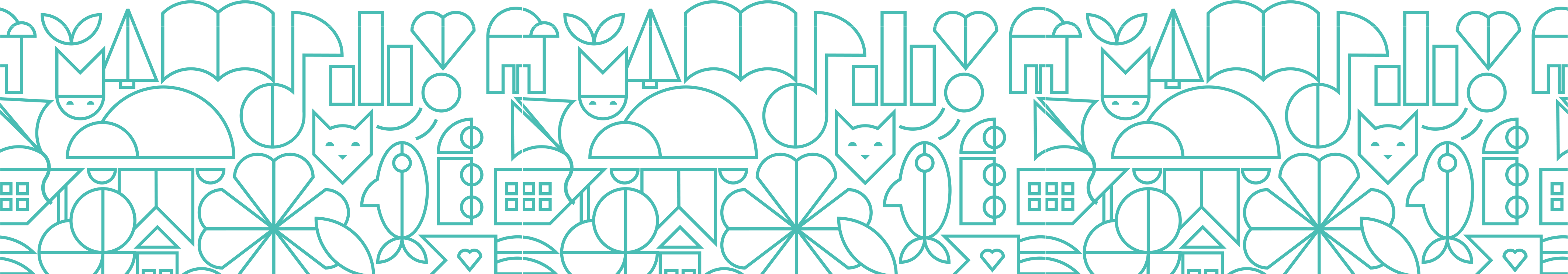Ljungby Municipality's graphic pattern — houses, nature and animals in turquoise line art